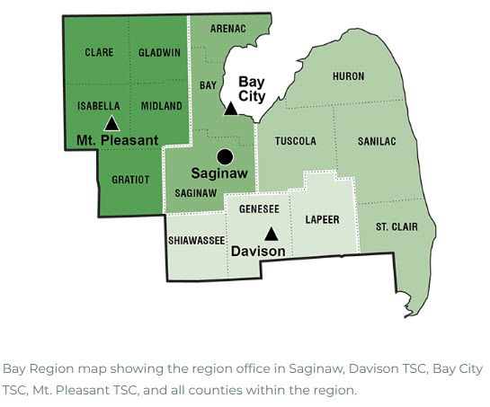 Map of the Michigan Department of Transportation 's Bay Region showing the region office and transportation service centers.